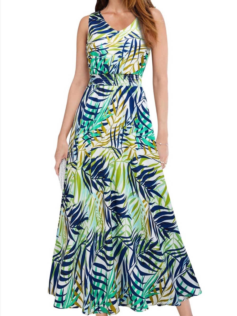 Sleeveless Tropical Leaf Maxi Dress in Blue & Green